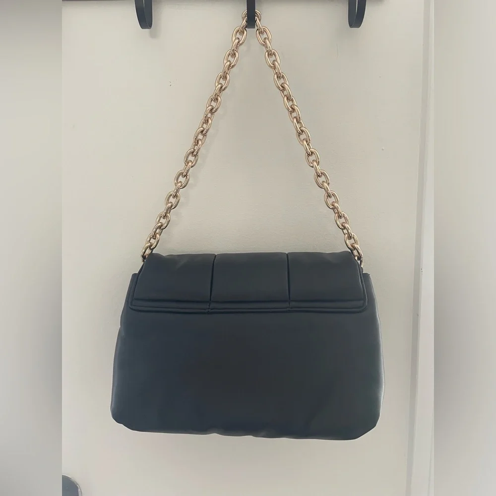 Black Quilted Puffy Vegan Leather Shoulder Bag with Gold Chain Strap - Picture 5 of 7